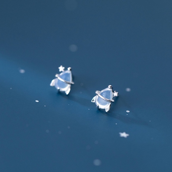 Sterling Silver Space Ship Earrings | Gold Stone Dainty Rhinestone Earrings Gift - Picture 5 of 5